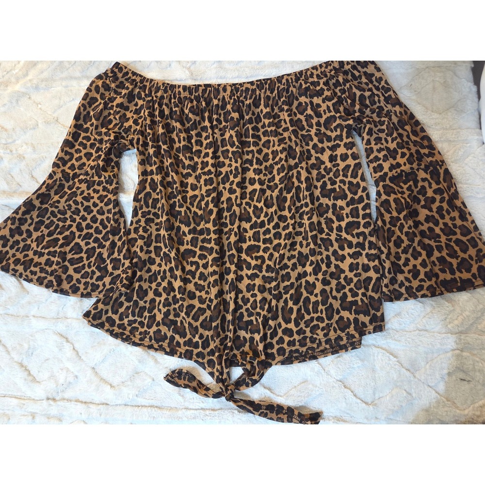Ivy Rose Leopard Print Mesh Off The Shoulder Bell Sleeve Tie Front Top 1X Blouse